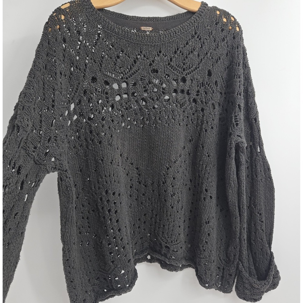 Free People Sweater Size Small Traveling Slate Gray Cotton Open Knit Crochet - Picture 5 of 15